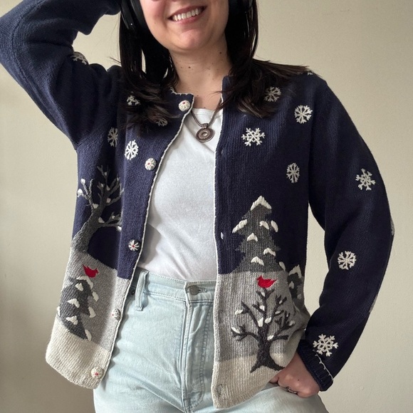 American Vintage Sweaters - Vintage Winter Wonderland Knit Navy Cardigan